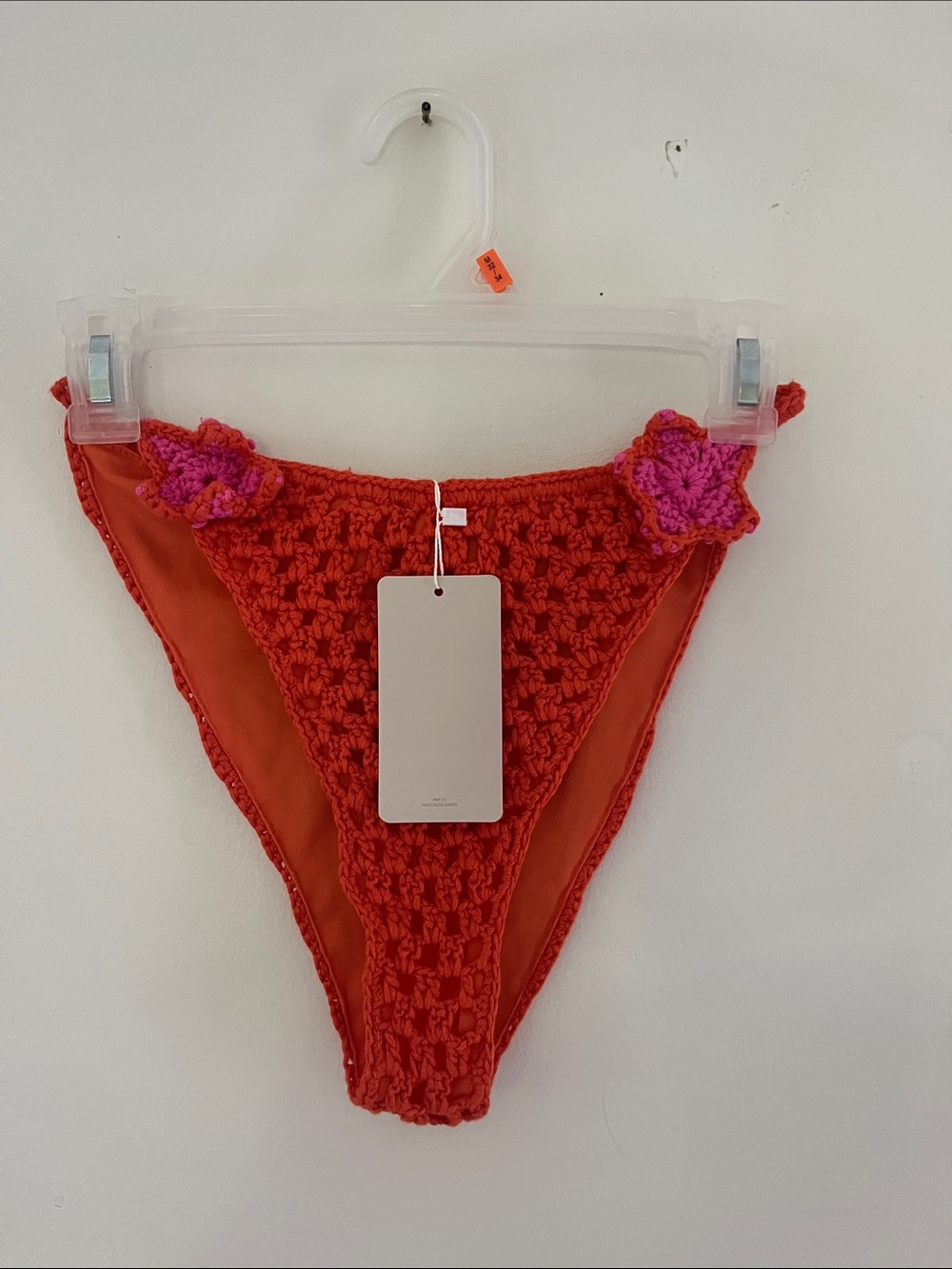 NWT Hand-Crocheted orange Bikini Bottom with Pink Flower Accents swim resort